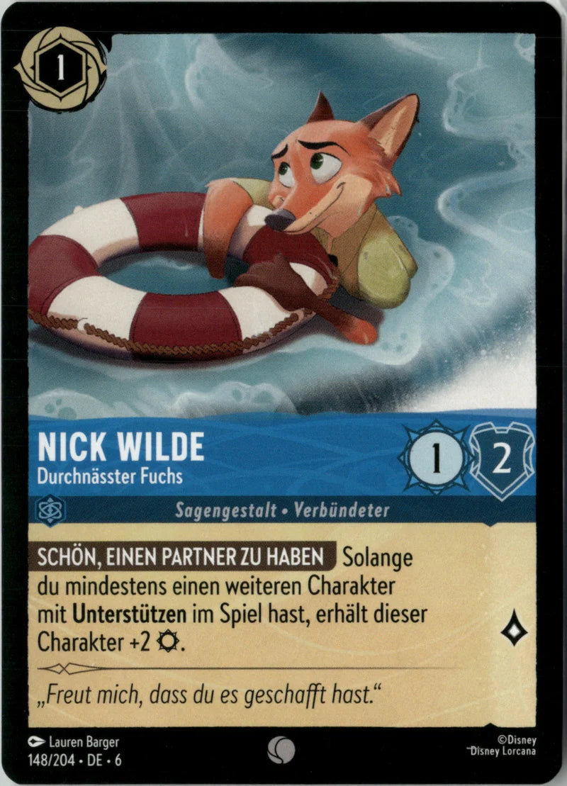 Nick Wilde - Durchnässter Fuchs 148 Azurblaues Meer Deutsch Near Mint Disney Lorcana Karte